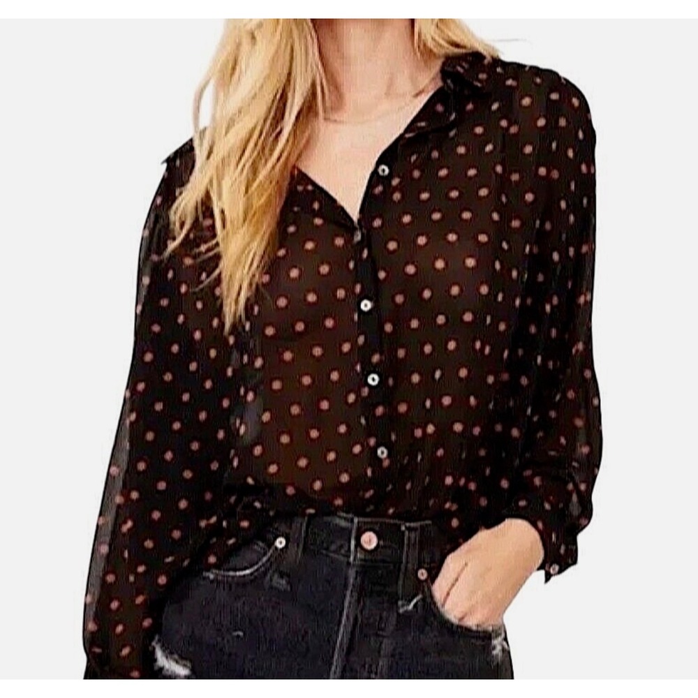 Free People Black PolkaDot Sheer Button boho whimsi Y2K flowy Blouse Top S Ciara